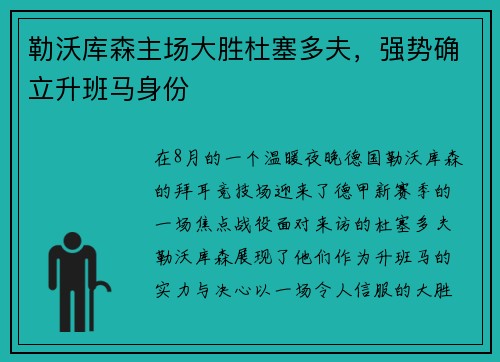 勒沃库森主场大胜杜塞多夫，强势确立升班马身份